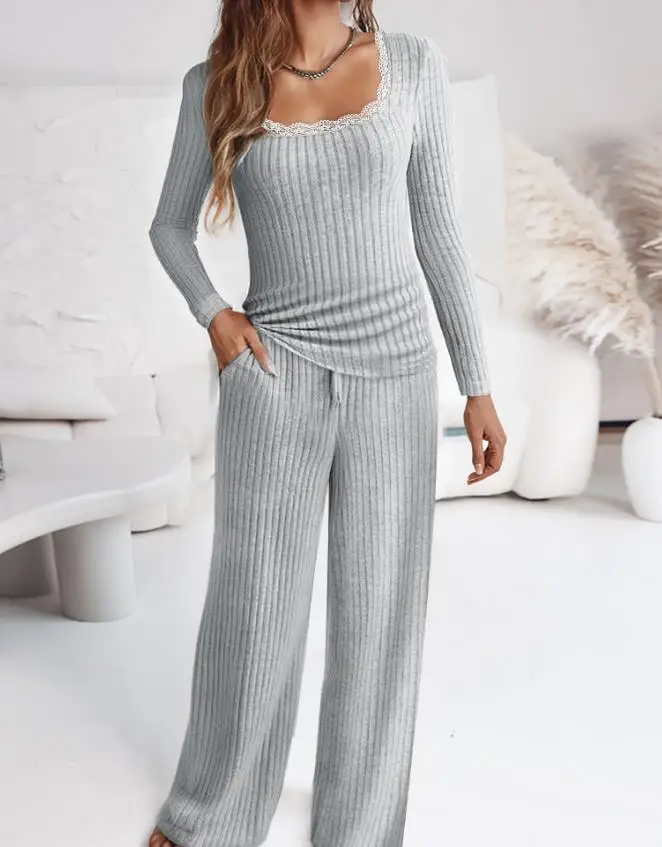 

Women's 2-Piece Lace Trimmed Square Neck Long Sleeve Top And Drawstring Elastic Pants Set Casual Comfortable Fit Outfit