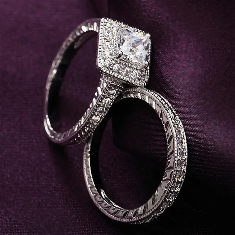 CC Bridal Sets Rings For Women 2pcs White Zirconia Square Stone Luxury Wedding Jewelry Engagement Accessories  Anillos CC1608