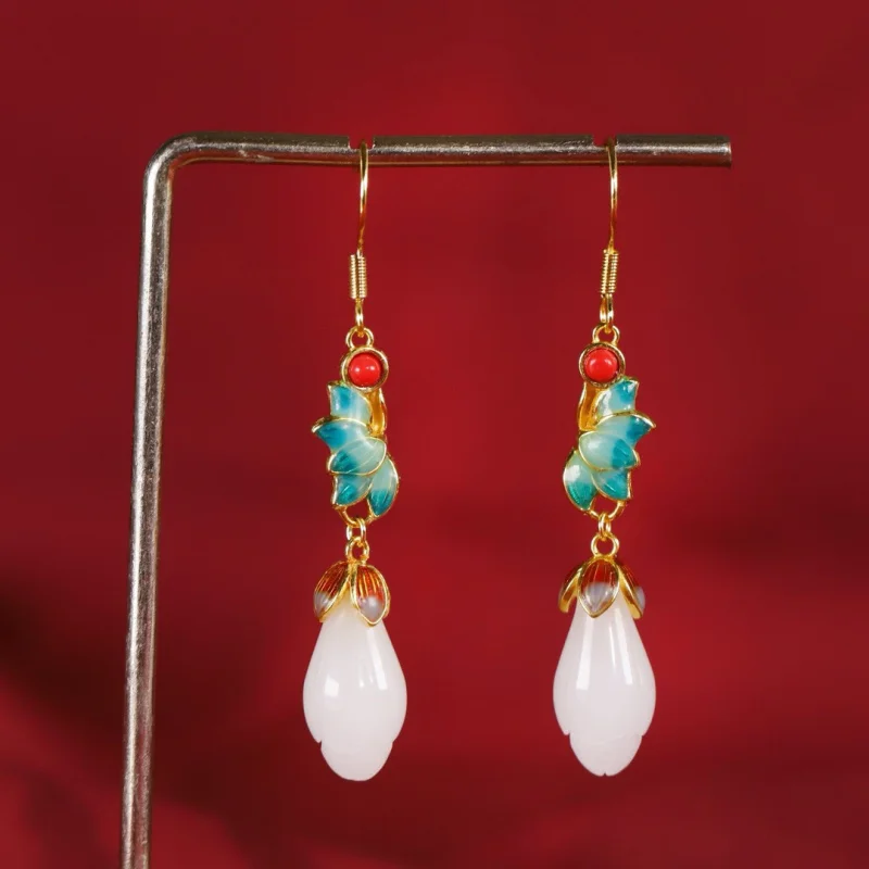 

Natural Xinjiang Natural Jade Silk Jade New Chinese Style National Style Magnolia Flower Earrings National Trend Enamel Niche An