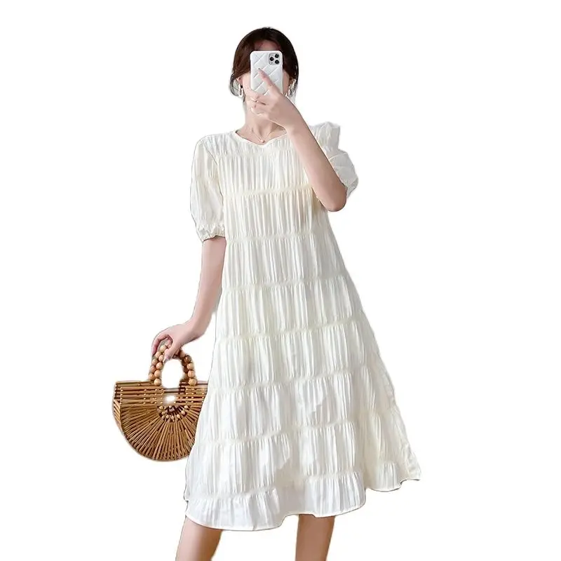 Beige Black Pregnancy Summer Dress Puff Sleeve Maternity Chiffon Dress Sweet Pregnant Woman Brief Pleated Dress