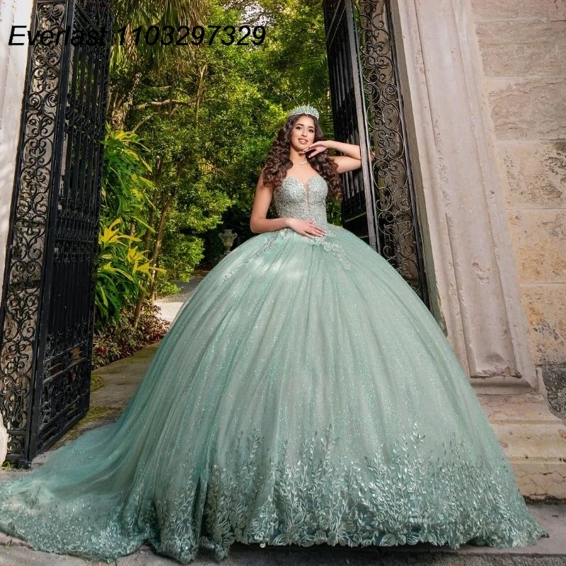 

EVLAST Shiny Sage Quinceanera Dress Ball Gown Lace Applique Beading Off Shoulder Tulle Corset Sweet 16 Vestido De 15 Anos TQD527