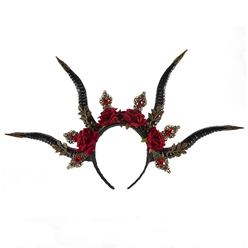 

Unisex Halloween Hair Hoop Devil Sheep Horn for Head Band with Flower Decor Cosplay Costume Masquerade Party Headp