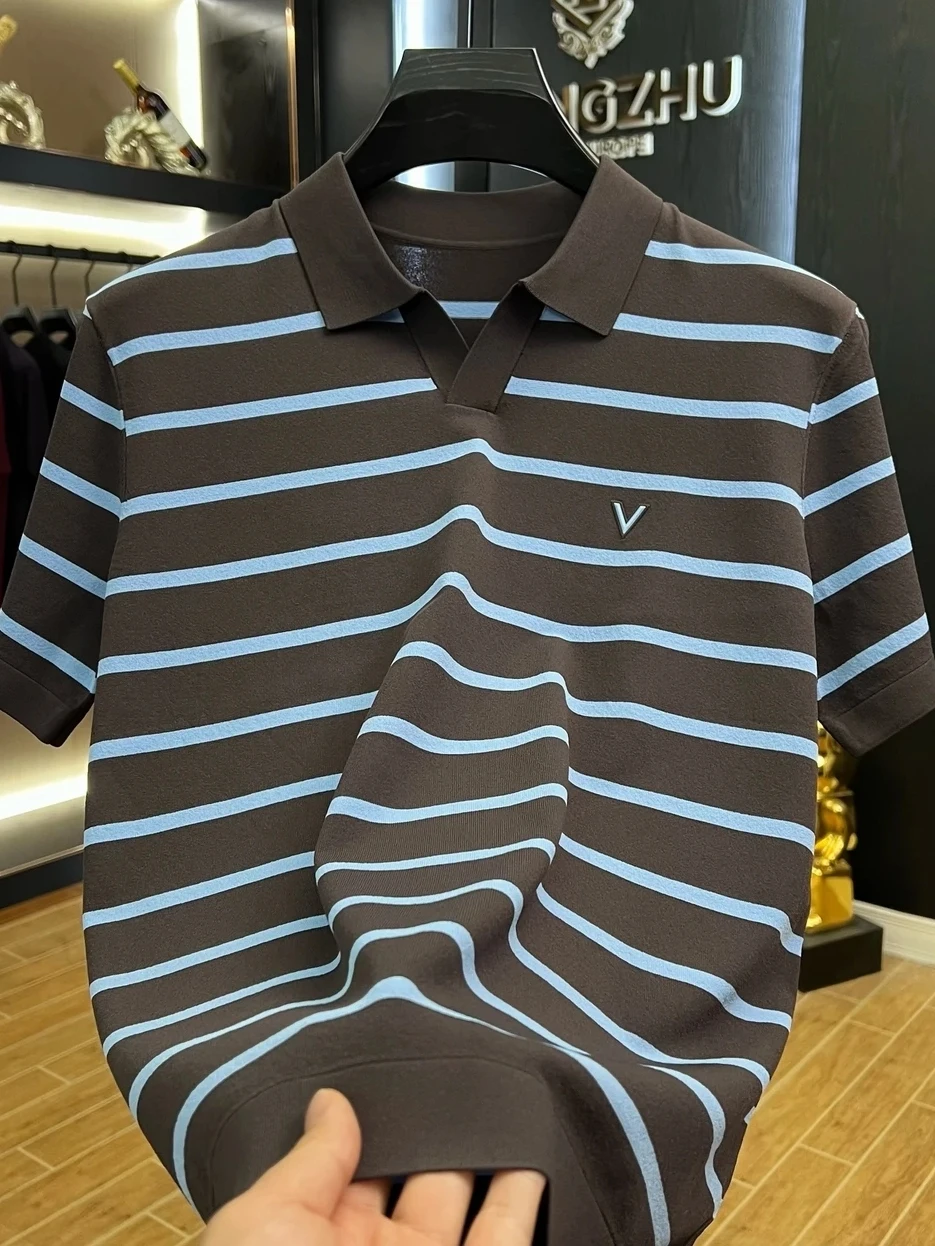 

Summer New Men's Fashion Slim Fit Striped T-Shirt Short Sleeve Casual Neck Design Antibacterial Standard Fit Youth Casual Wear