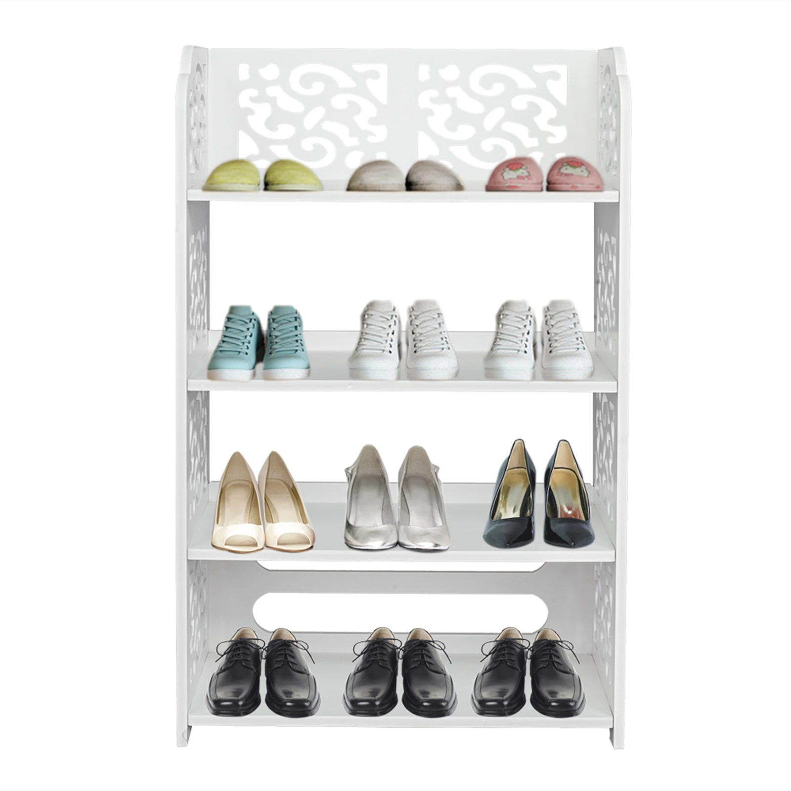 Wood-plastic Board Four Tiers Carved Shoe Rack White A