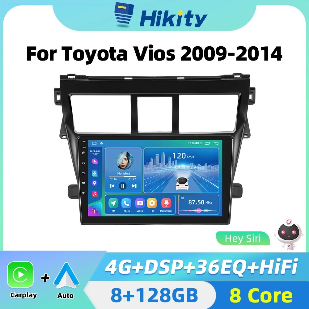 Hikity  8Core Stereo Android 2 din Car Multimedia Player For Toyota Vios 2009-2014 Carplay Android Auto Stereo Radio GPS DSP