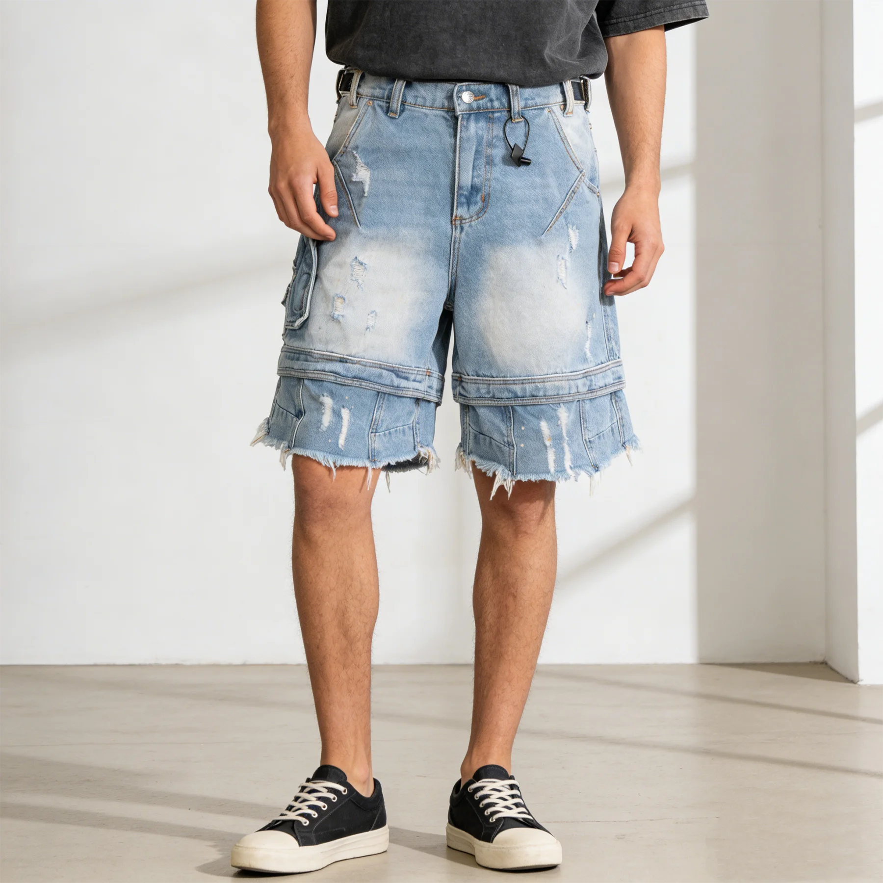 

Мужские джинсовые шорты карго с эффектом потертости, боковыми карманами, многослойным дизайном, рваным краем, в уличном стиле, винтажные, с эффектом поношенности, рваные, свободного кроя