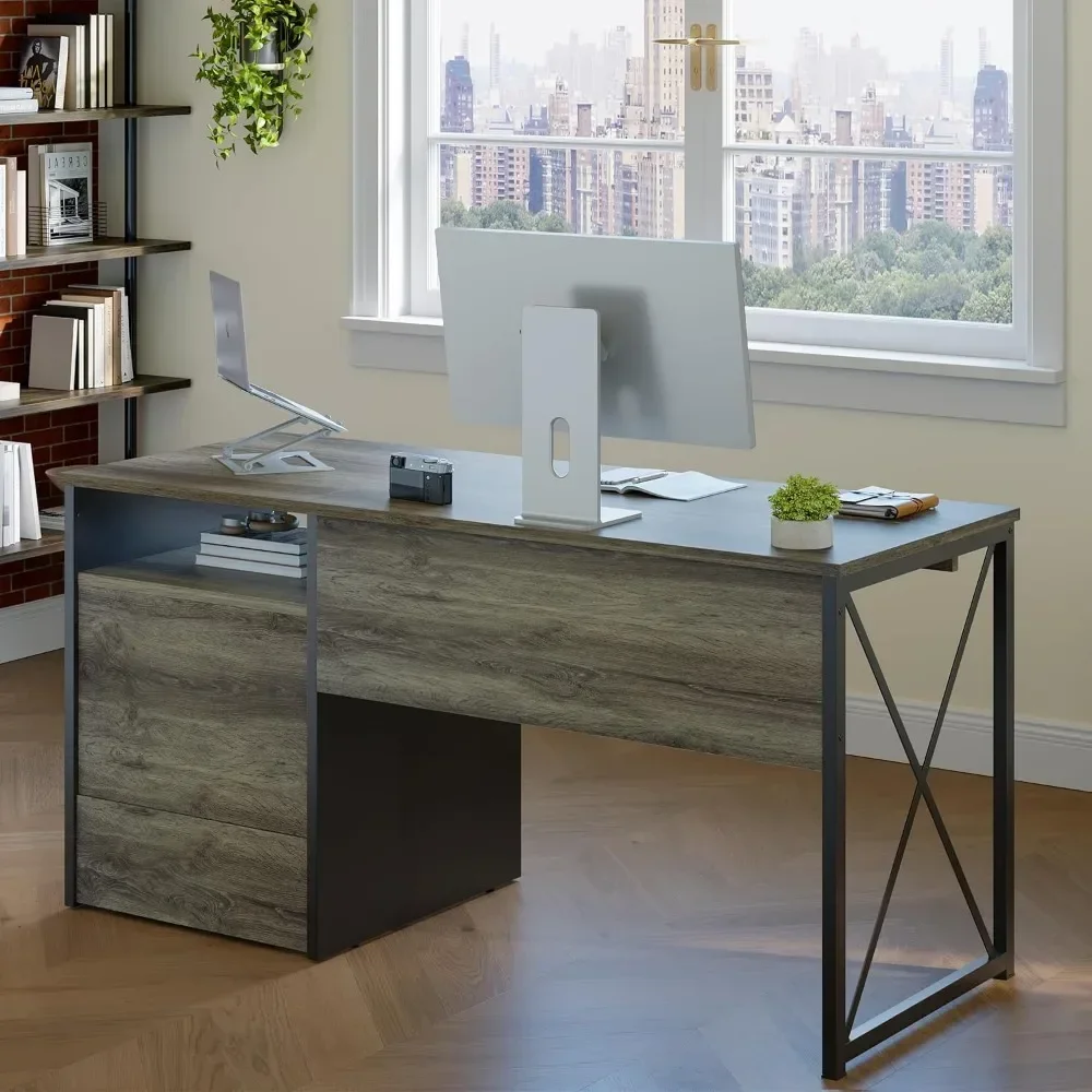 

Office Desk with Drawers, 55 Inch Industrial Computer Desk with Storage, Wood Teacher Desk and Keyboard Tray for Workspace Use