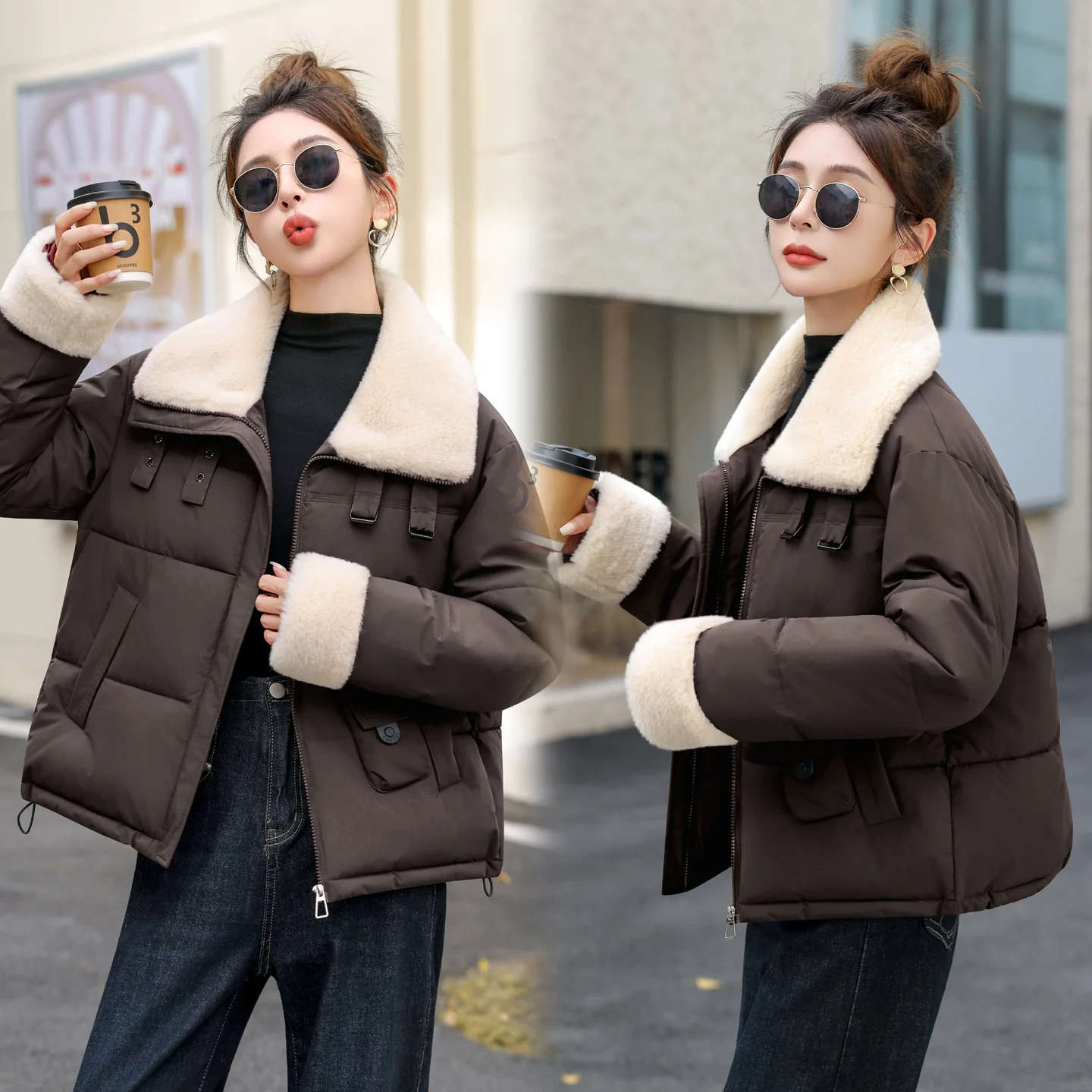 

Женское повседневное теплое пальто с воротником из меха ягненка, модное зимнее новое поступление, хлопковое стеганое пальто