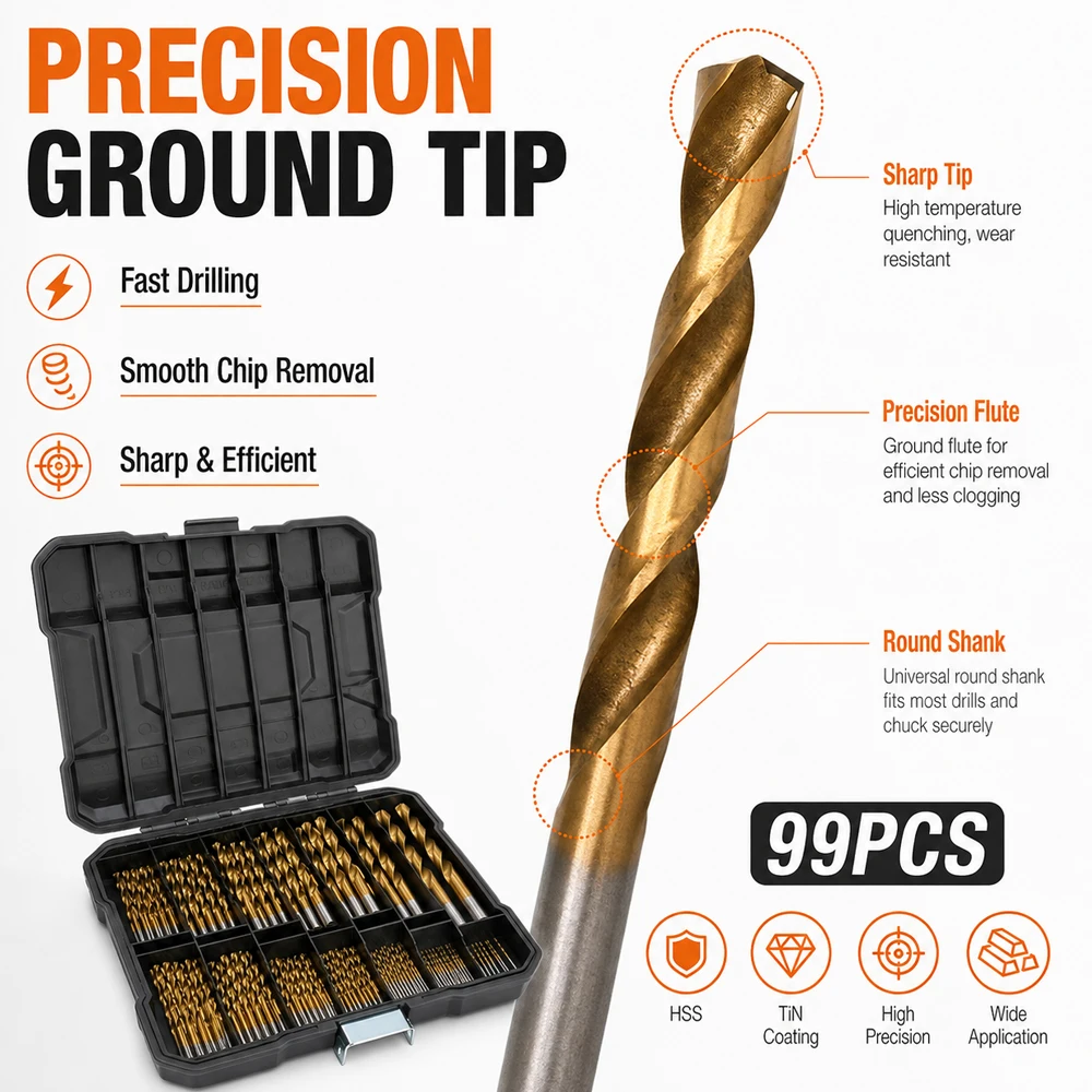 99pcs Twist Drill Bit Set with Box,Bearing Steel,Wear Protection Titanium Coated Drill Bit,for Soft Metal&Wood,Woodworking Tools