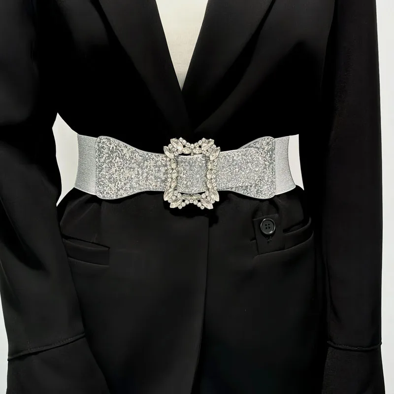 

Rhinestone Elastic PU Leather Belt Wide Waist Belt for Dress Fashion Stretch Waistband Luxury Brand Designer Black Waist Belts