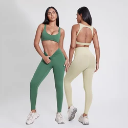 High Elastic Yoga Set Women Sport Suit Gym Sportswear Cutout Back Sports Bra Fitness Leggings Two Piece Outfits Workout Clothing