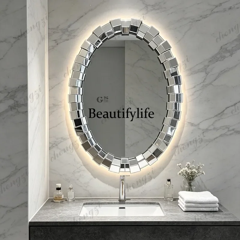 R European light luxury bathroom mirror, wall-mounted bathroom smart, French makeup mirror three-dimensional, decorative mirror