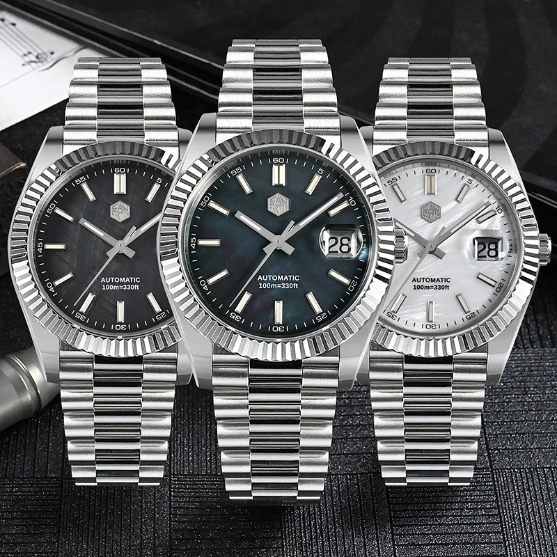 Reloj San Martin para hombre, 40mm, esfera de fregona Vintage, Retro, negocios, zafiro de lujo PT5000, bisel estriado tallado mecánico automático,