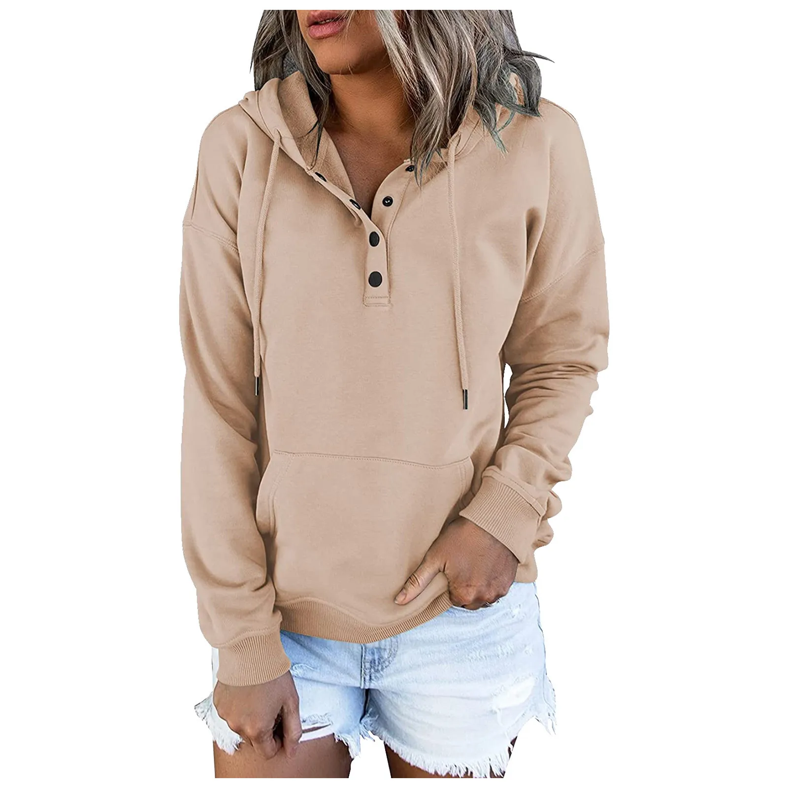 Europäischer und N Damen-Kapuzenpullover mit langen Ärmeln, lockerer, lässiger Kapuze und Kordelzug – Detail 10