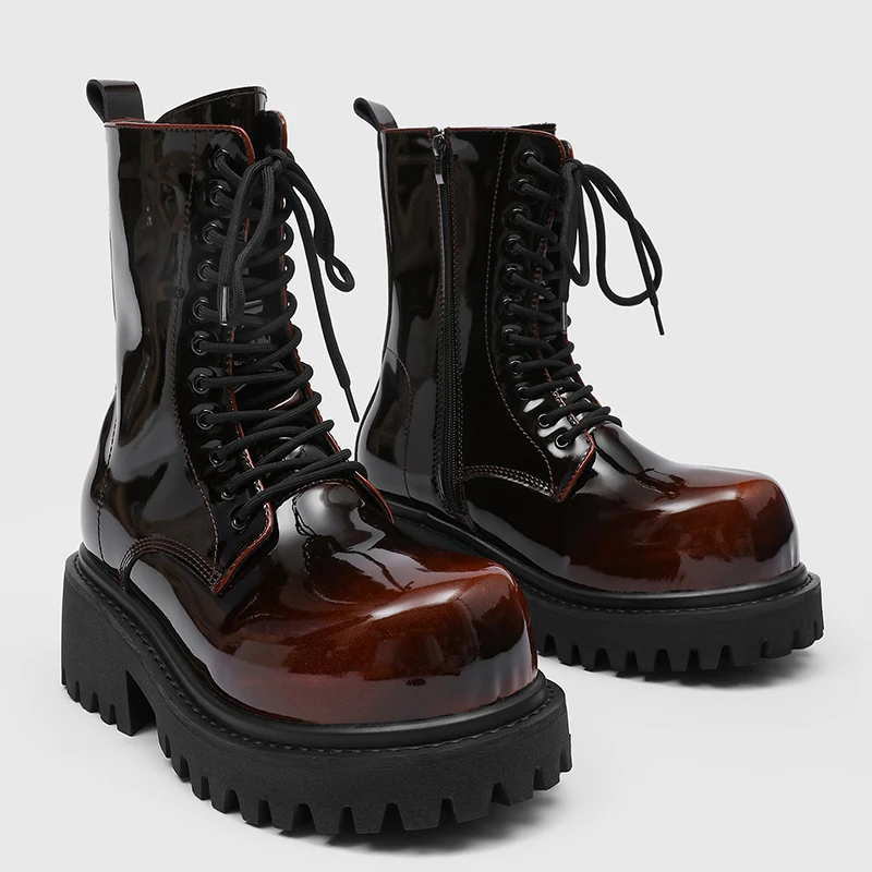 New Autumn Winter Men Mirror Thick Soled Fashionable High Top Boots Gradient Color Full of Luxury. Motorcycle Boots