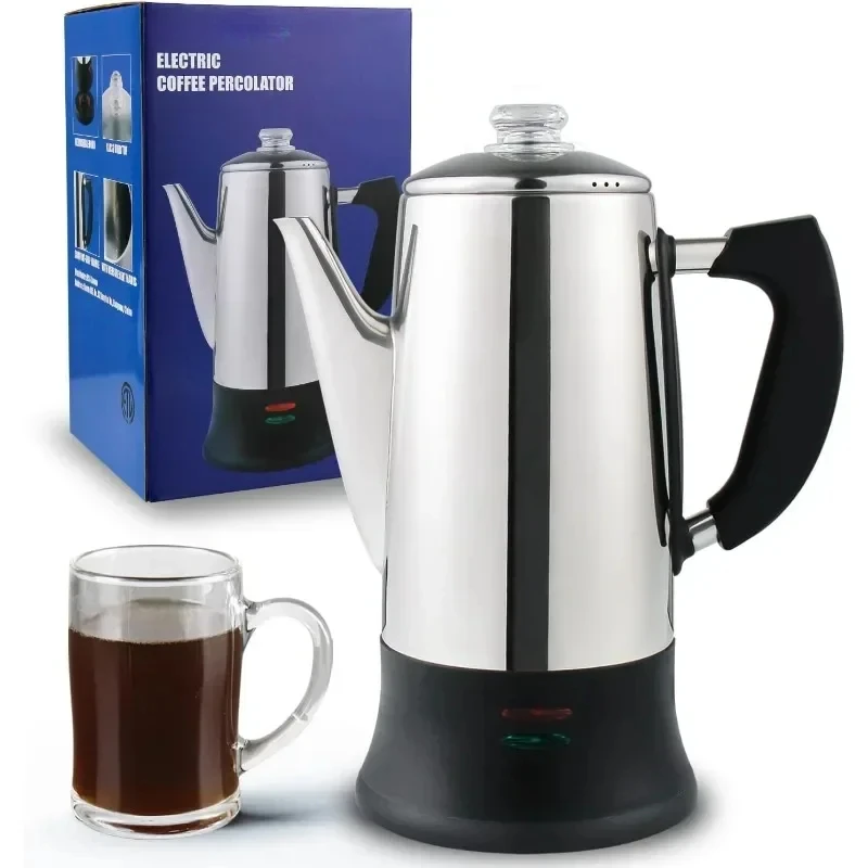 

Electric Coffee Percolator Stainless Steel Coffee Maker with Heat Resistant Tempered Borosilicate Glass Knob