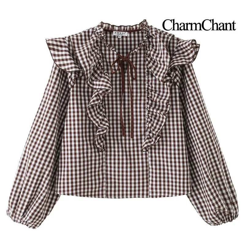 CharmChant Women's Cotton Gingham Cropped Ruffle Tie Neck Blouse Spring Autumn 2026 Chic Modern Long Sleeve Shirt Tops for Woman