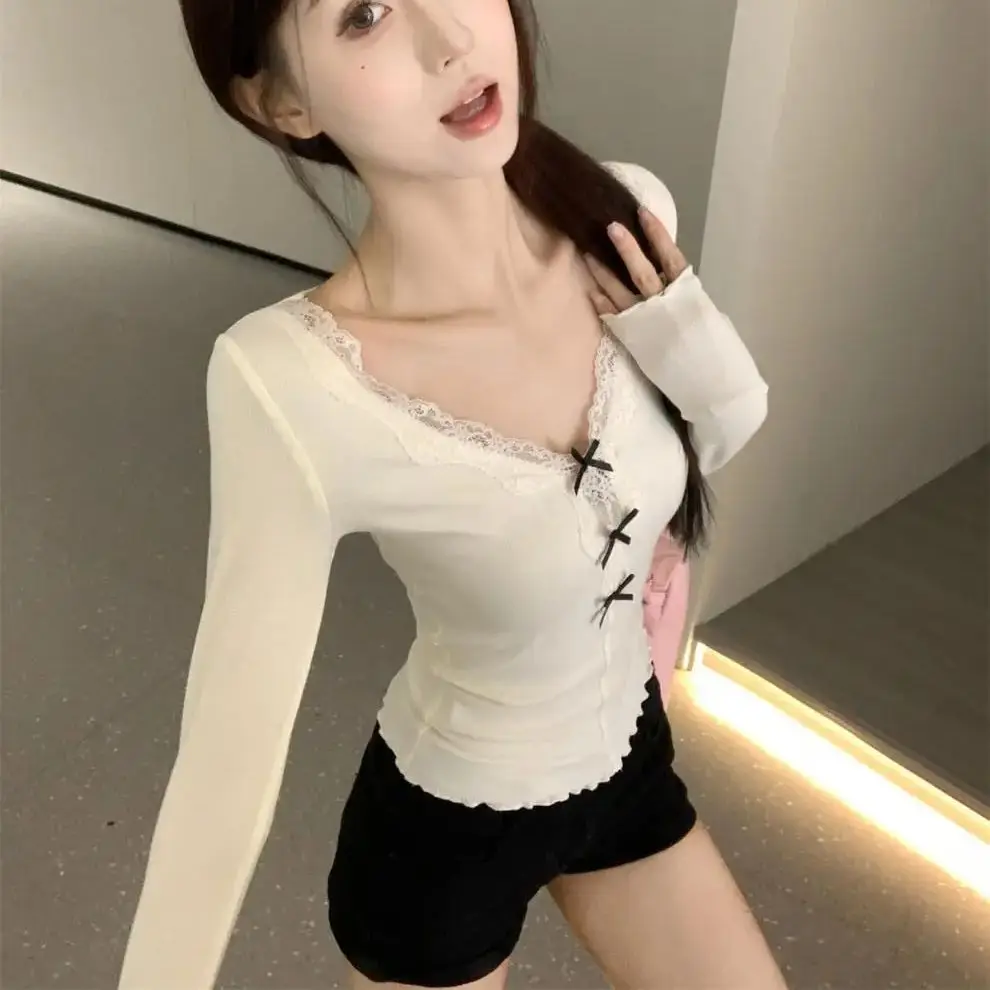 

Sexy fall skinny tops sweet hot girl collar slim lace patchwork bow long sleeve inner wear T-shirt women's top