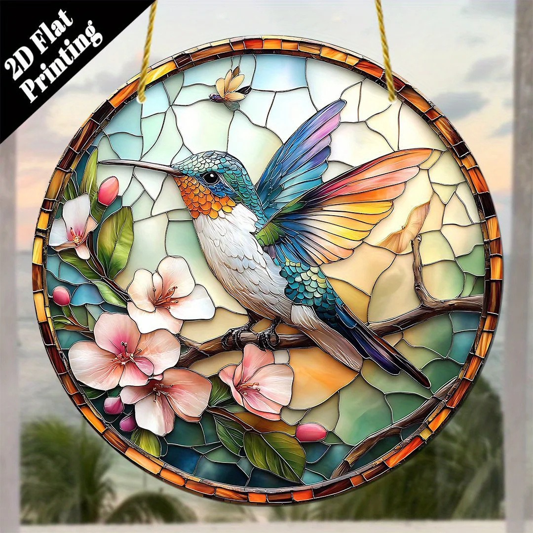 [2D Flat] 1pc Hummingbird & Floral Suncatcher, 2D Flat Printing, 9