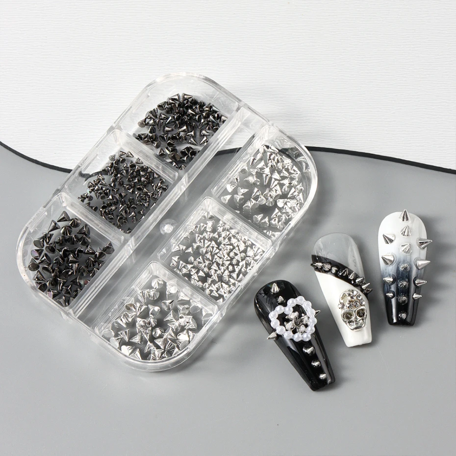 6 compartimentos de tachuelas metálicas punk para uñas, color dorado/plata/negro, conos y púas, joyas de arte de uñas, tachuelas mini de aleación 6