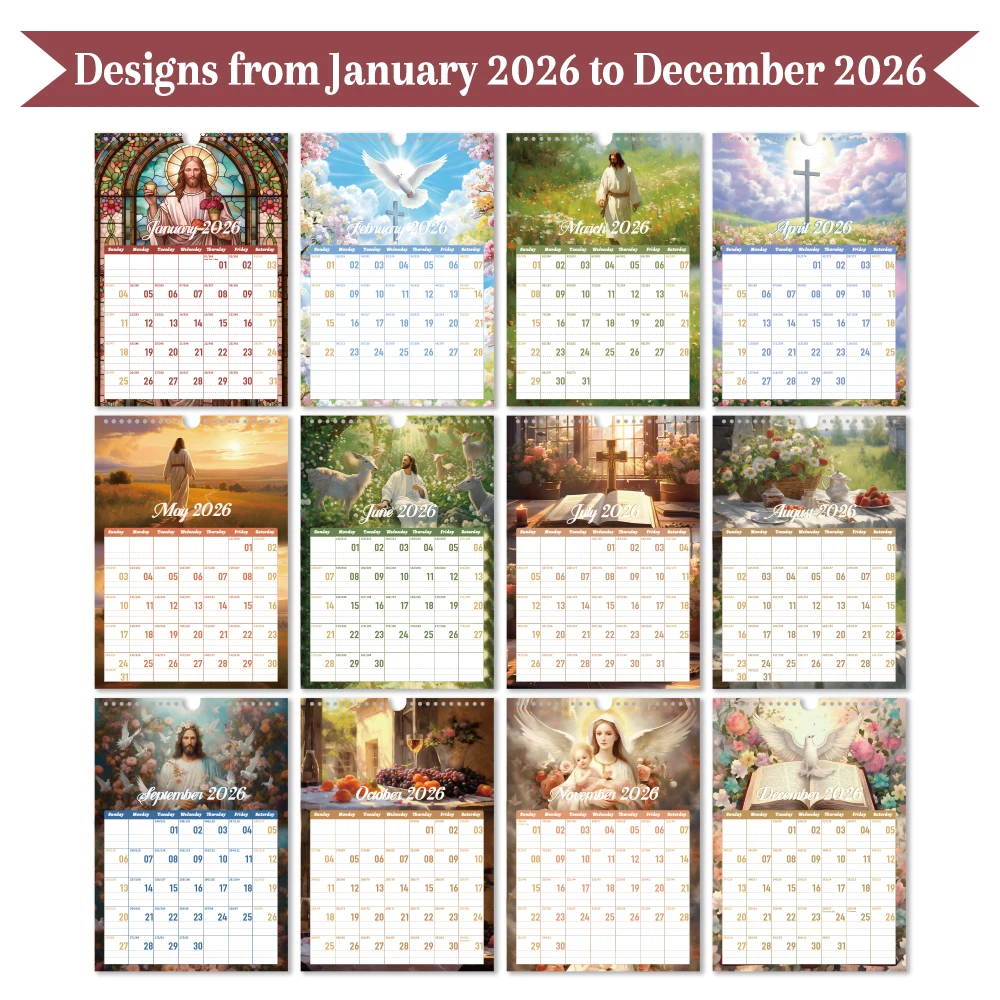 Calendário de parede da Bíblia A4 2026 Planejador cristão de 12 meses com seções mensais semanais diárias para planejamento de escritório doméstico (Jan-Dec 2026)
