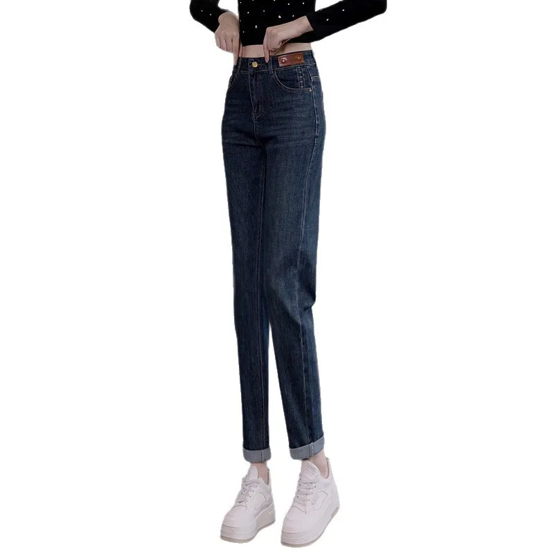 جينز حريم للنساء، سروال كاجوال فضفاض عالي الخصر للربيع والخريف، سروال تنحيف متعدد الاستخدامات وضيق وواسع الساق