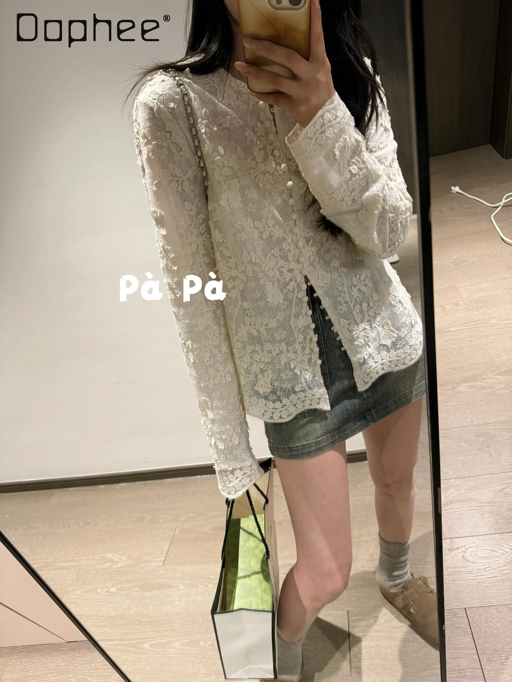 Vintage Heavy Industry Embroidery Glitter Three-dimensional Lace Shirt French New Chinese Top Women Long-sleeved Loose Shirts