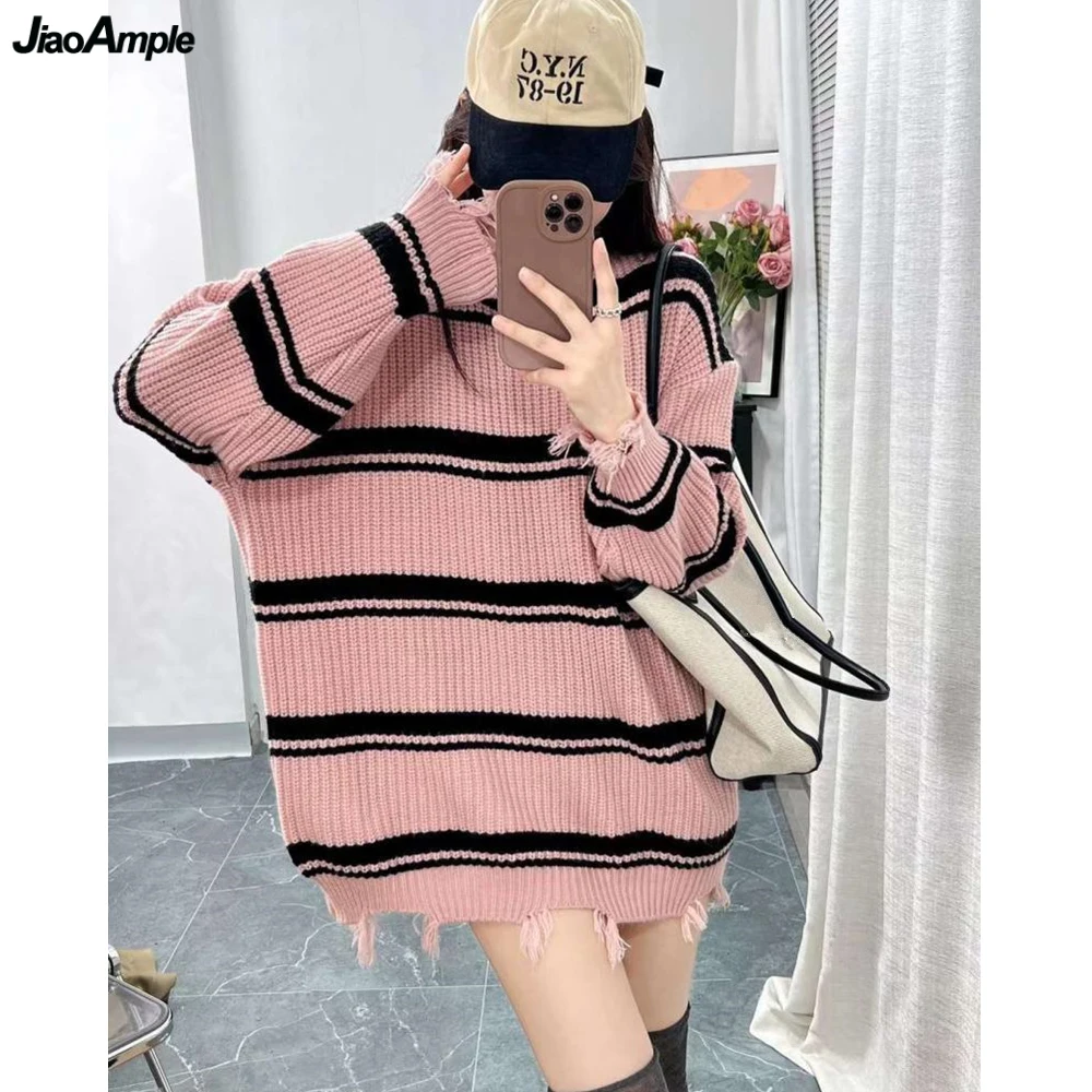 

Women's Autumn Winter Loose Sweater Pullovers Casual O-Neck Tassel Stripe Pink Knit Tops Falls New Fashion Joker Knitwear Female