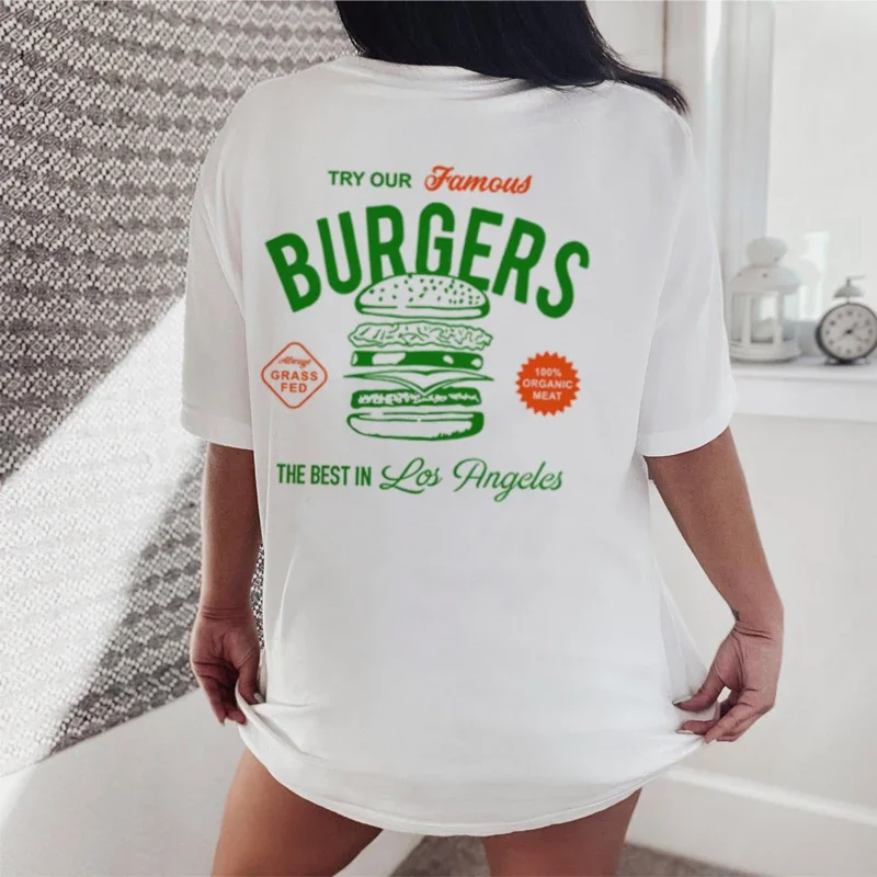 Women 90s Retro Hamburger T-Shirt Hippie Vintage Aesthetic Foodie T Shirt Cute Burger Lover Tee Shirt Unisex Fashion Clothes