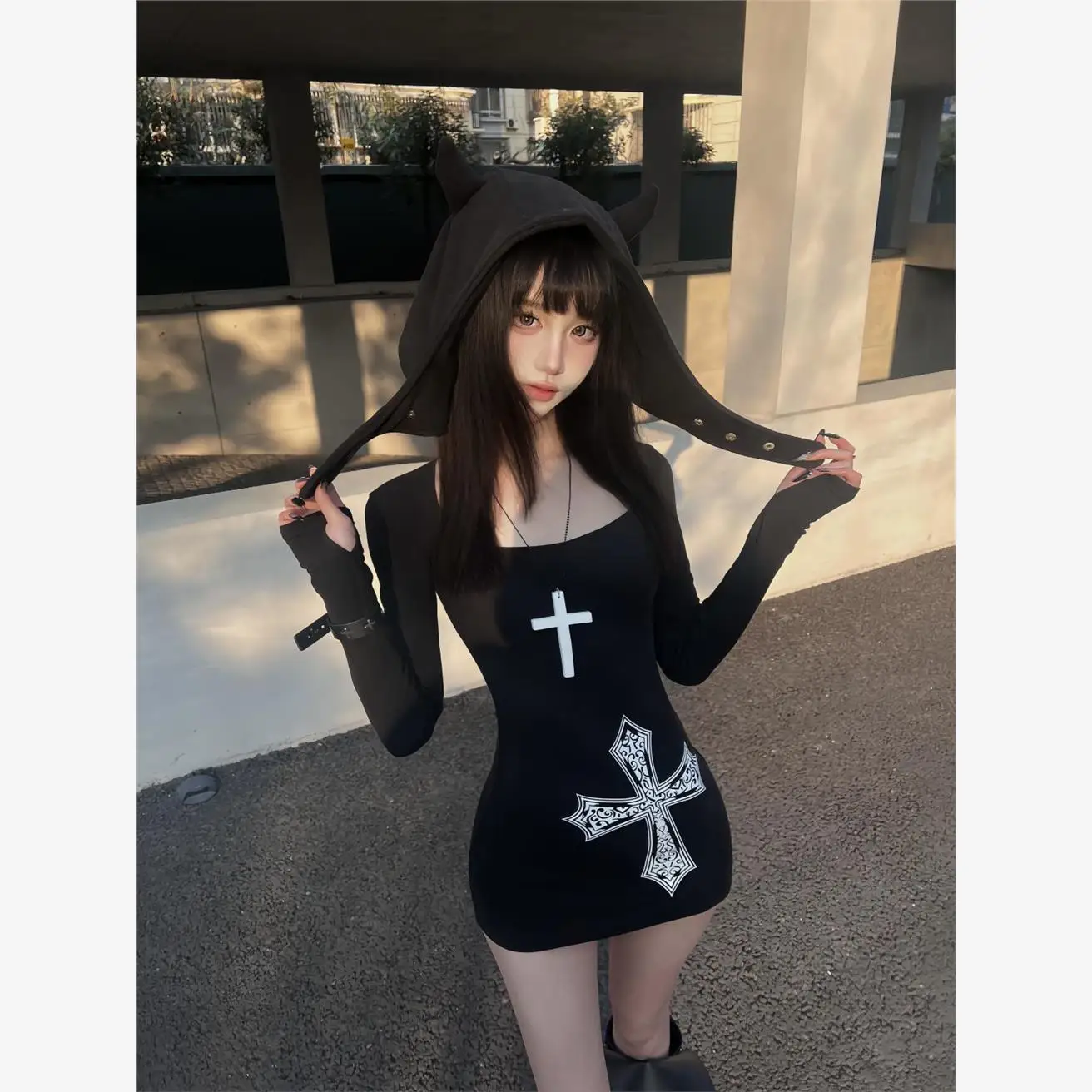 Retro Amerikaanse Lange Sve T-shirt Dames Lente Zomer Nieuwe Bla Cross Print Base irt Sexy Slim Fit Top Cool Sle Pure C...