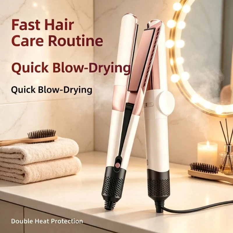 Dual function hair styling device releases healthy negative ions for efficient blowout and smooth styling on travel trips