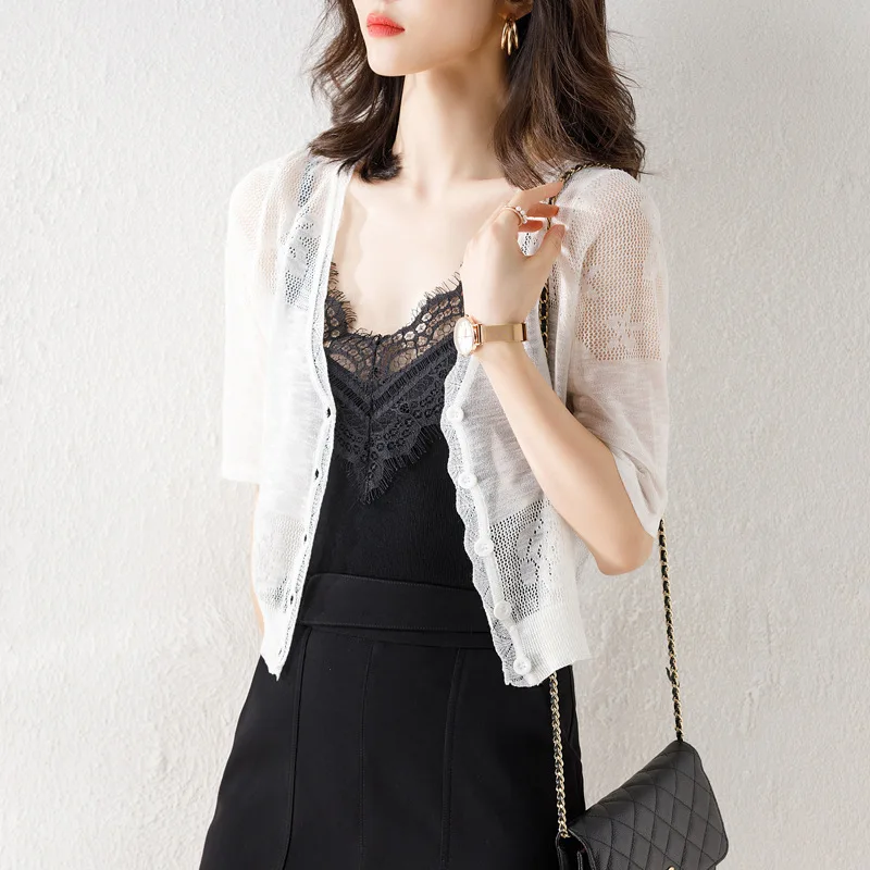 Outer Hollow Thin Short Sleeved Knitted Cardigan with Bamboo Yarn Small Shawl Shirt Summer Sun Protection and Air Conditioning