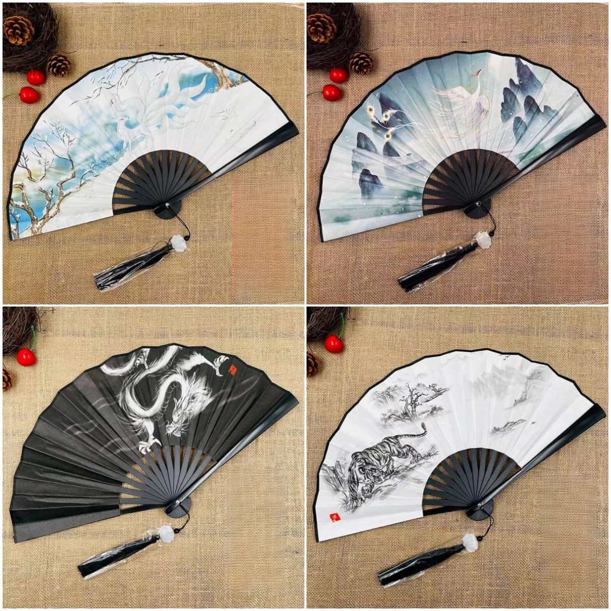 Classical Folding Fan, Vintage Dragon Printing, Hand Held Fans, Dancing Cloth Props