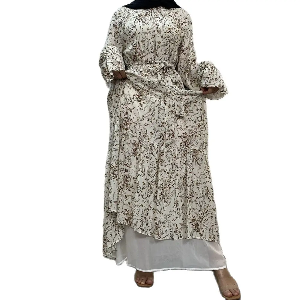 

New Muslim Printed Flared Sleeves Elegant Lining Fashionable Multicolor Floral Chiffon Dress