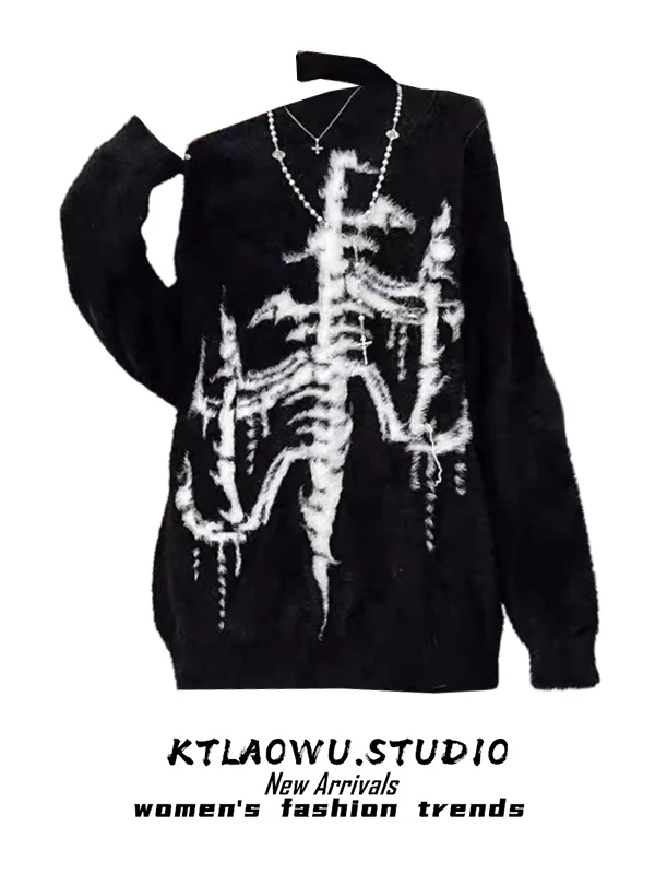

Loose Shoulder Open-Neck Knitted Sweater Y2K Subculture Spicy Girl Dark Style Women's Autumn Winter Outerwear Comfortable Kni...