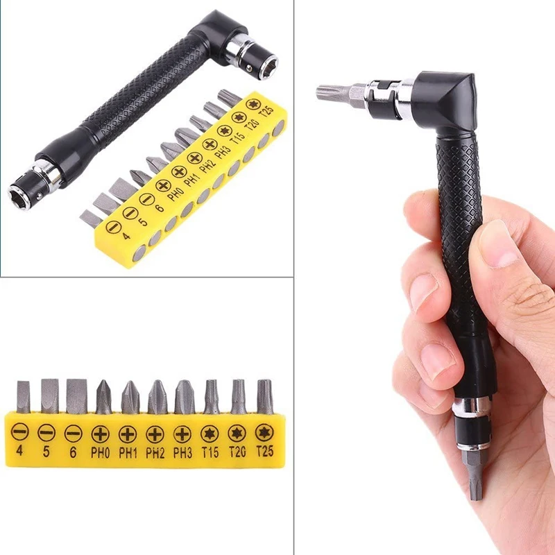 Hex Socket Wrench 1/4Inch L Shaped Socket Wrench Set With 10Pcs Various Angled Screwdriver Bits Hand Tool Kit