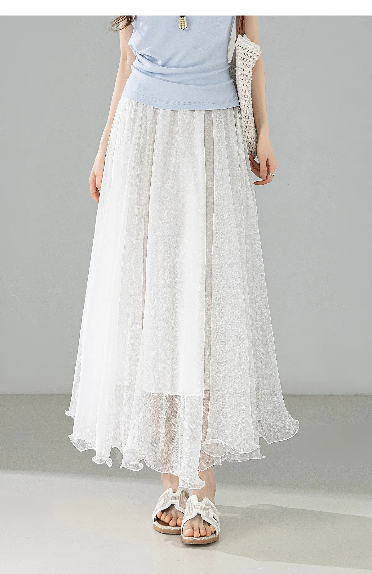 SENTUBILA Eleganter Hochgeschnittener Schimmernder Chiffon A-Linien-Rock 2026 Sommer Weißer Netzrock mit Elastischem Bund Damen-Unterteil W62QG7415 – Detail 22