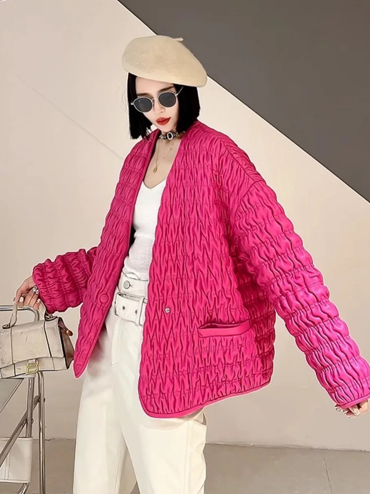 Vintage المرأة الخريف مطوي جلد الغنم سترة جلدية حقيقية الخامس الرقبة مزدوجة الصدر معطف الموضة فضفاضة تناسب عالية الشارع جاكيتات