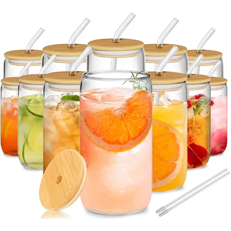 

12Pcs Glass Cups with Lids and Straws - 16oz Can Shaped Drinking Glasses Set, Iced Coffee Cup, Beer Glasses Tumbler for
