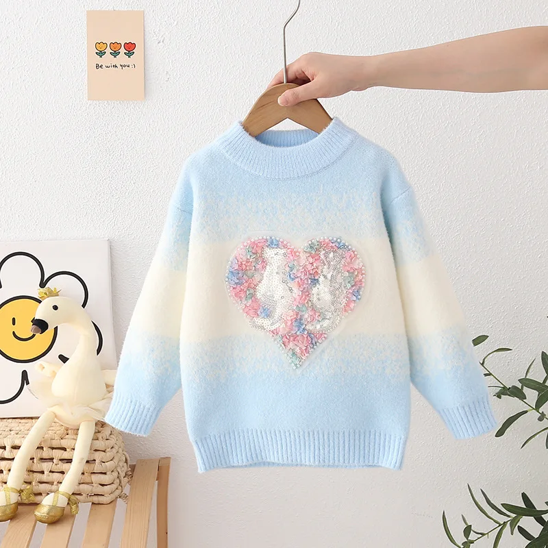 الخريف الشتاء الفتيات محبوك سترة القلب نمط بلوزات بأكمام طويلة مريحة موضة جديدة ملابس الأطفال 7 إلى 12 سنة #2