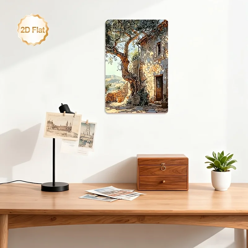 2D Flat - 1pc Two-Dimensional Flat Wall Art Featuring a Rustic Stone House with an Olive Tree Landscape. This Metal Sign Is P