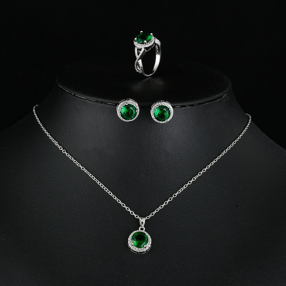 LXOEN Fashion Green Cubic Zirconia Stone Round Necklace Earring and Ring Set Bridal Wedding Party Jewelry for Women Joyas Mujer