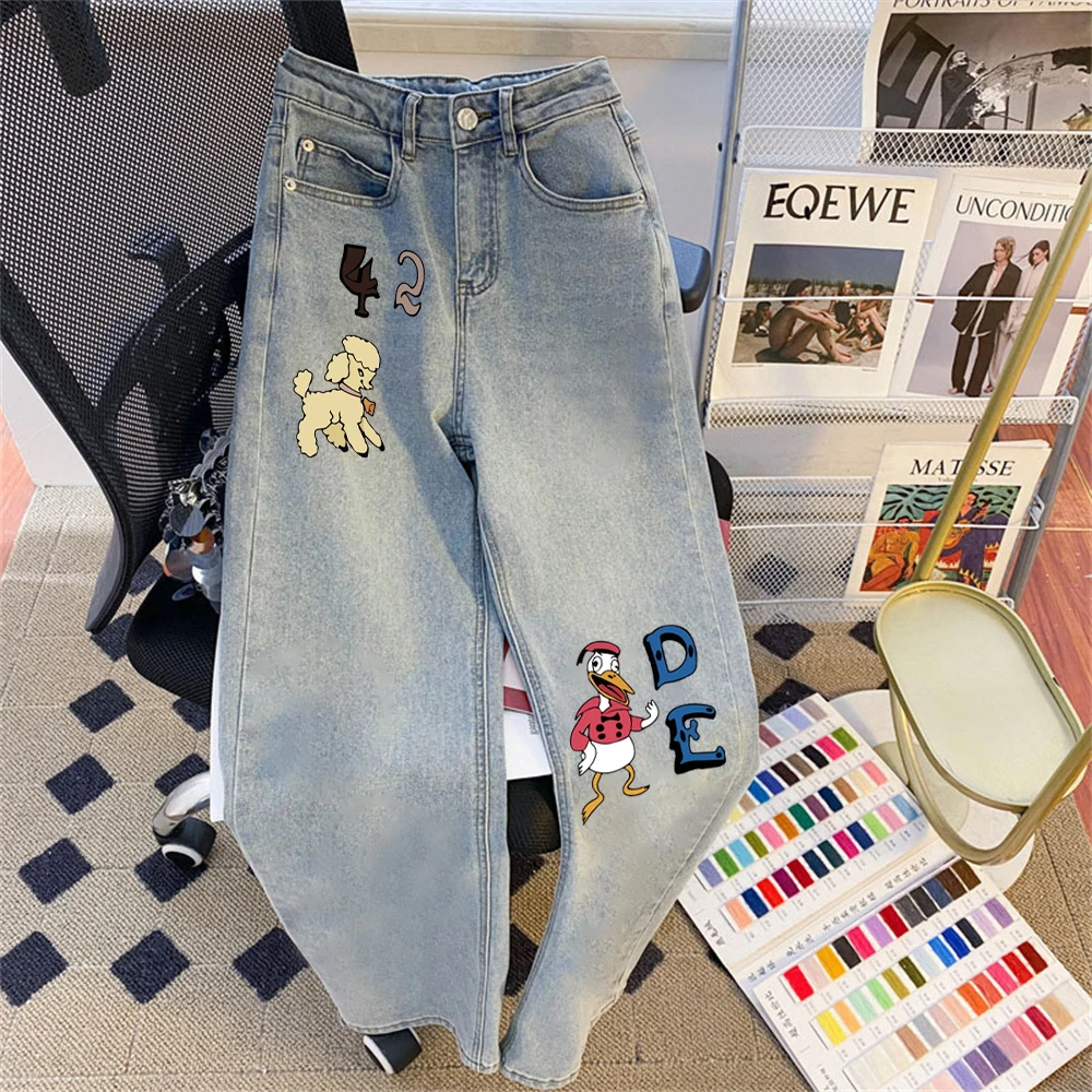 

Retro Cartoon Print High Waist Loose Straight Leg Jeans Men Women Summer Casual Wide Leg Floor Length Trousers