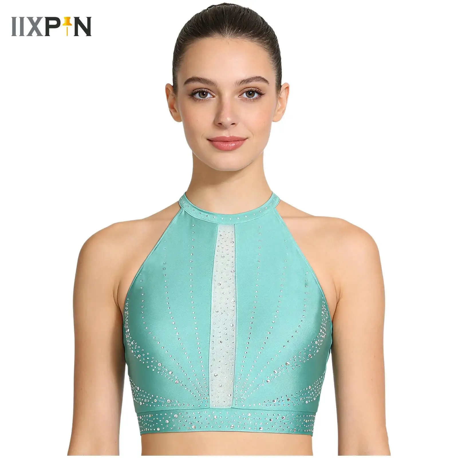 

Womens Athletic Tumbling Activewear Glittery Rhinestones Sleeveless Tank Top Lyrical Modern Belly Dance Performance Costume