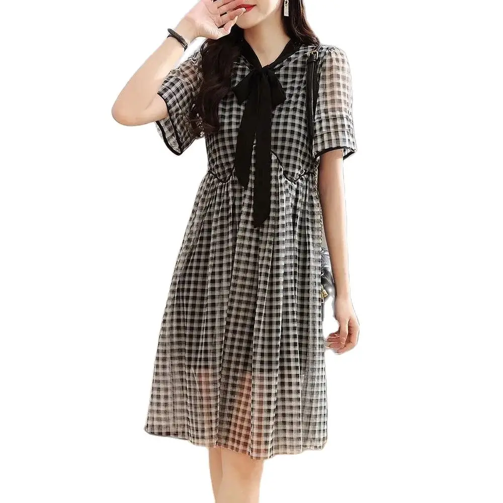 

2024 New Summer Elegant Sweet Short Sleeve Chiffon Dress .For Women's Summer Mesh Plaid Bow Dress .Women Dresses .Vestidos