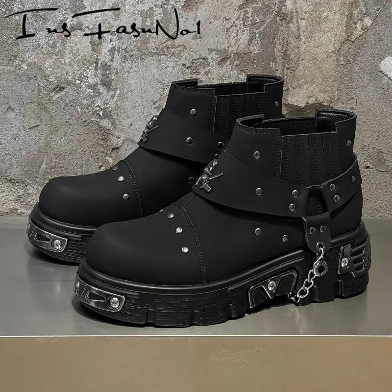 

Retro Chunky Heel Platform Men's Boots Fashion Metal Decoration Outdoor Runway Motorcycle Boots Large Size All Match Ankle Boots