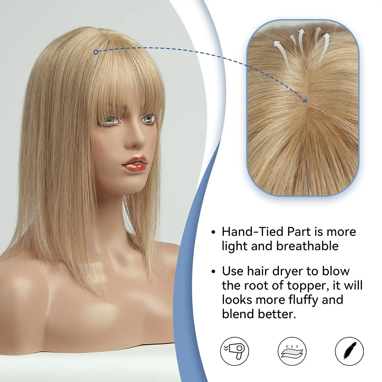 Warm Blonde 100% Remy Human Hair Topper With Bangs for Women 14 Inch Straight Human Hair Piece Silk Base Clip in Topper Top Hair