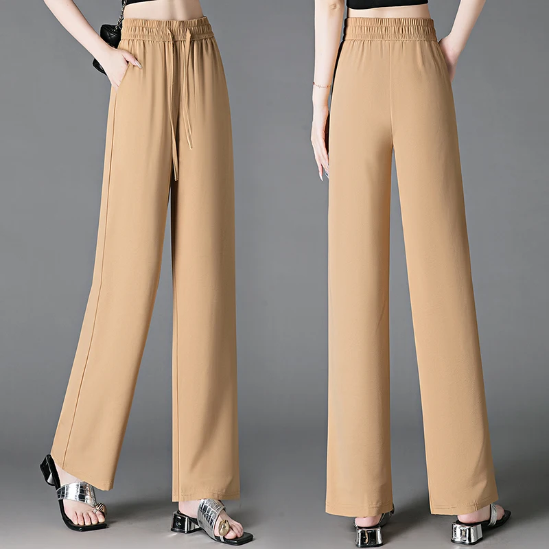 Summer New Versatile Ice Silk Narrow Edition Wide Leg Pants Women'S High Waist Skinny Comfortable Casual Straight Leg Trousers
