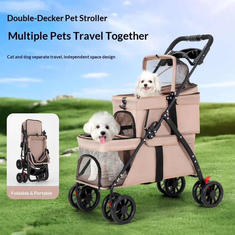 Double-layer Detachable Foldable 8-Wheel Lightweight Dog Cat Pet Stroller With Zipper Closure Outdoor Wholesale Cross-border