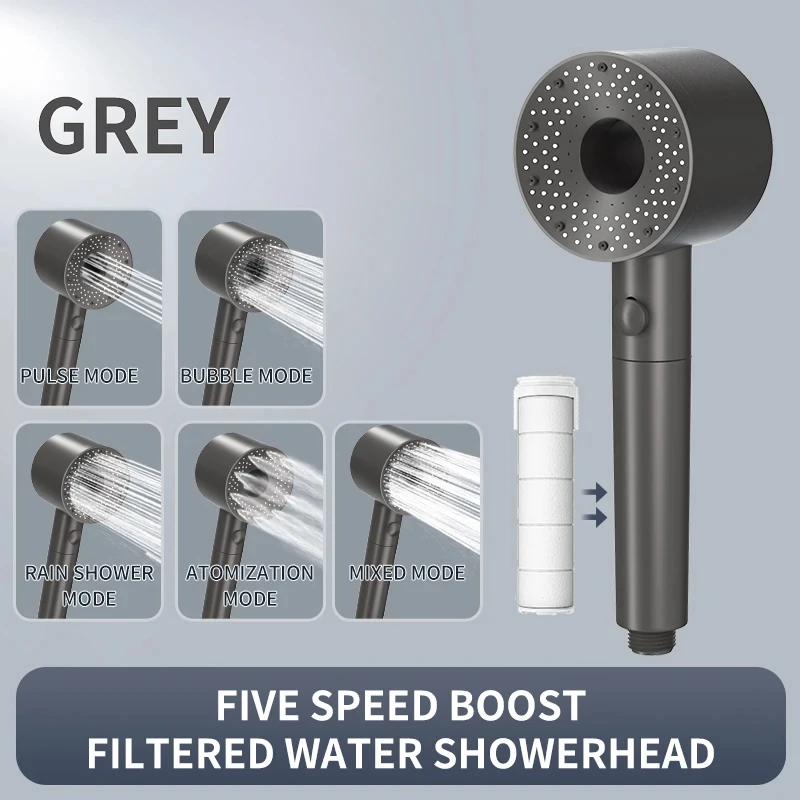 4 Piece Shower Head five-speed Adjustable Handheld Shower Head,One-touch Water Stop Switch,Built-in Filter Element  (grey)